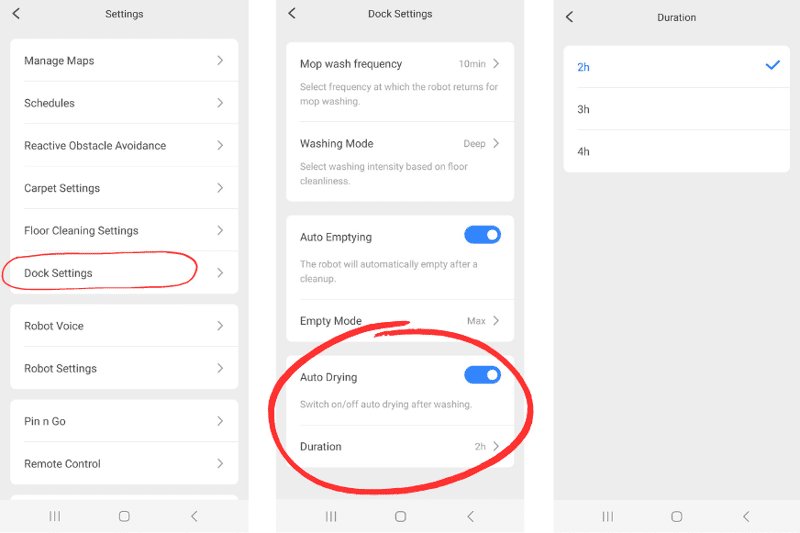 Mop drying settings on the Roborock app